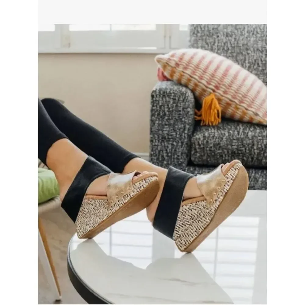Modzori Virginia 2 Reversible Wedge Sandals Gold Black White Size 6